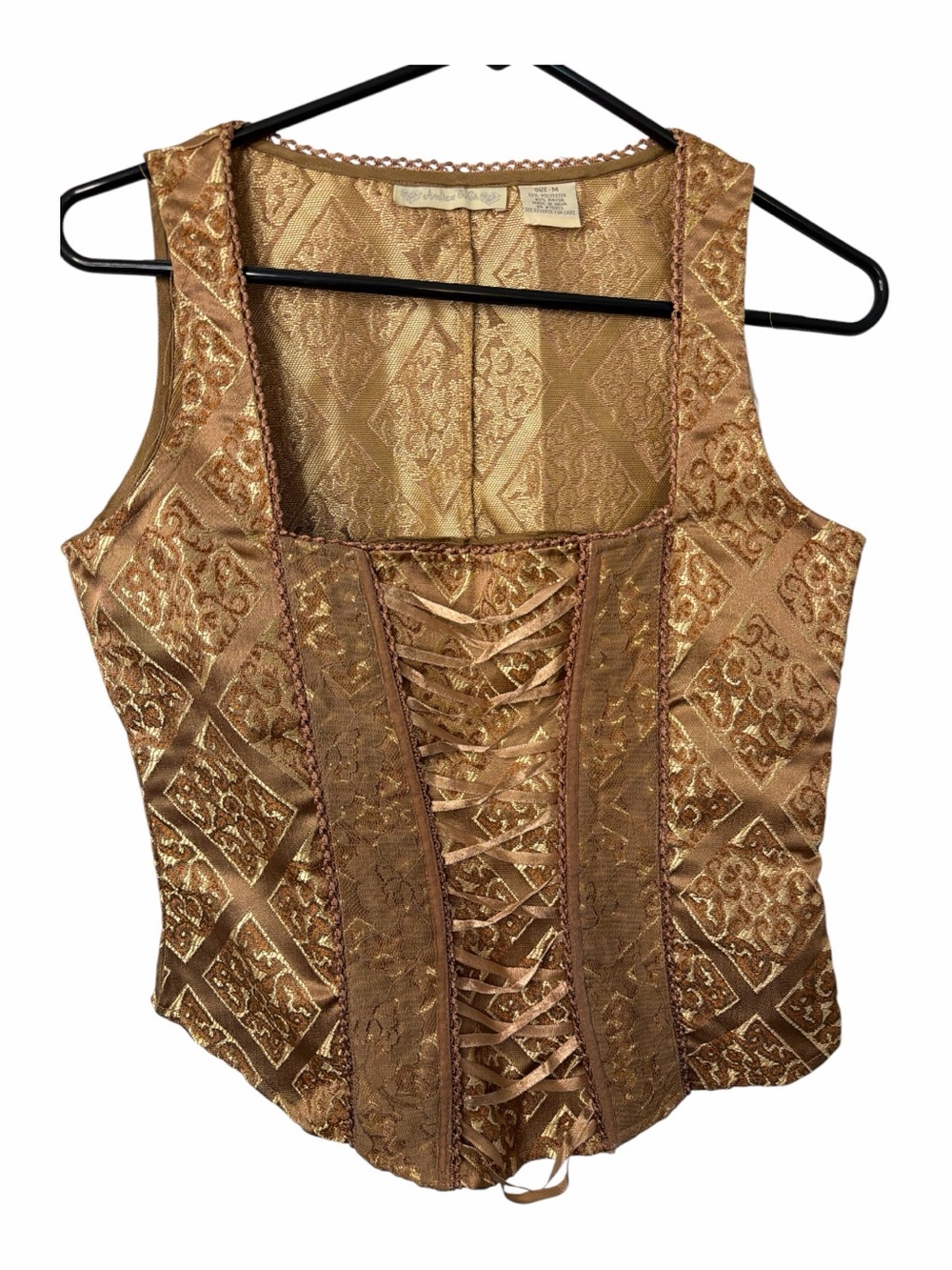 Vintage-Inspired Gold Brocade Lace-Up Corset Top